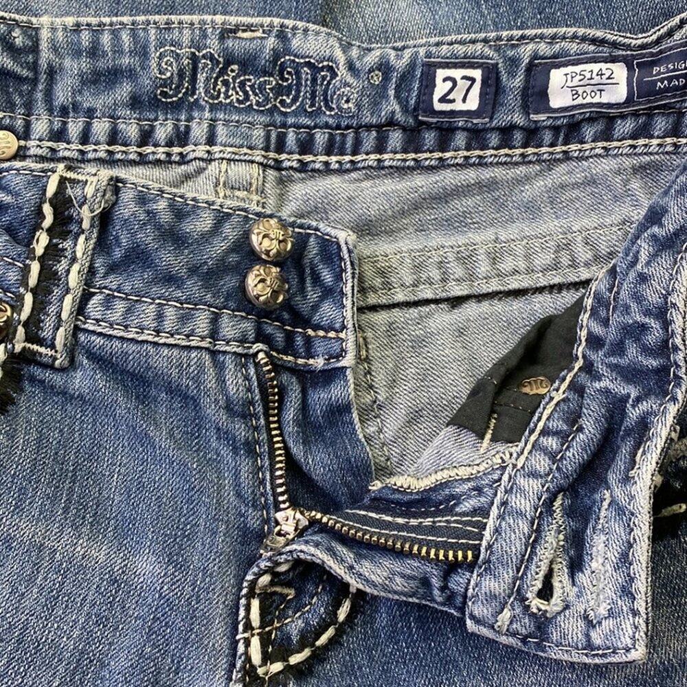 Miss Me Cross Wings JP5142 Embellished Distressed Thick Stitch Boot Cut Jeans 27 - Picture 9 of 12